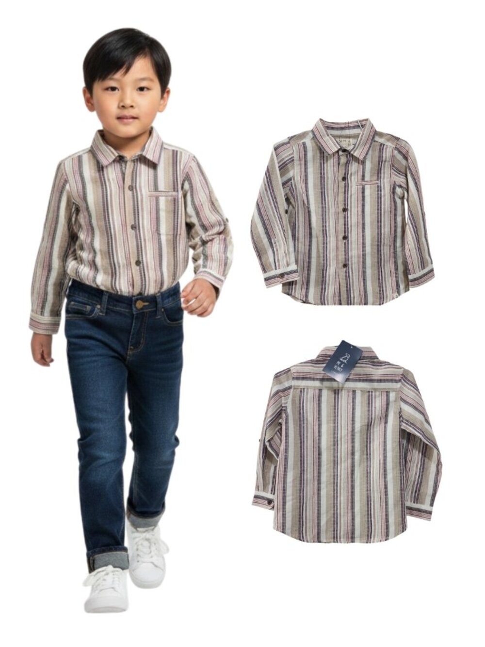 NWT - Multi-colors Stripe Woven Long Sleeve Button Down Shirt - Boy Size 5/6Y